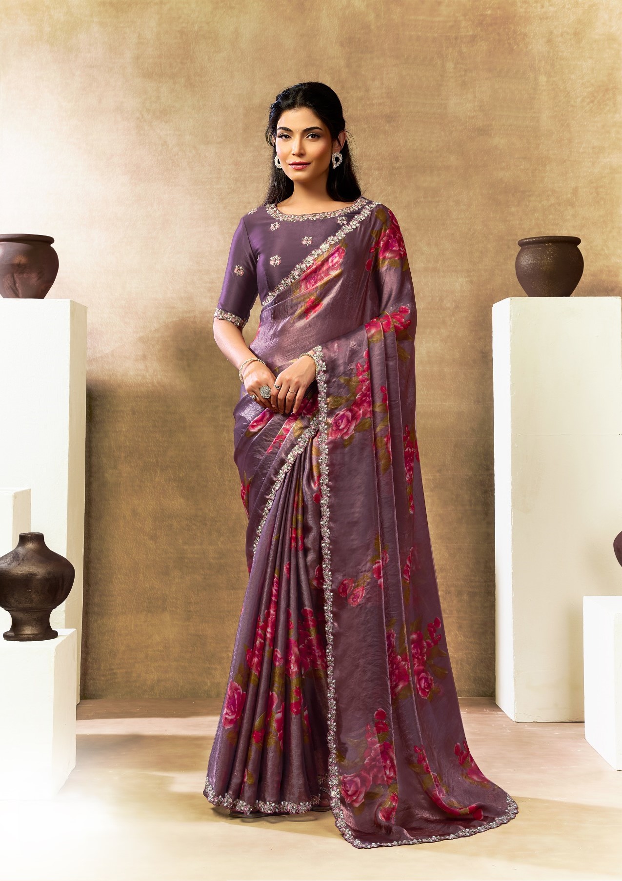 Plum Purple fluid satin saree